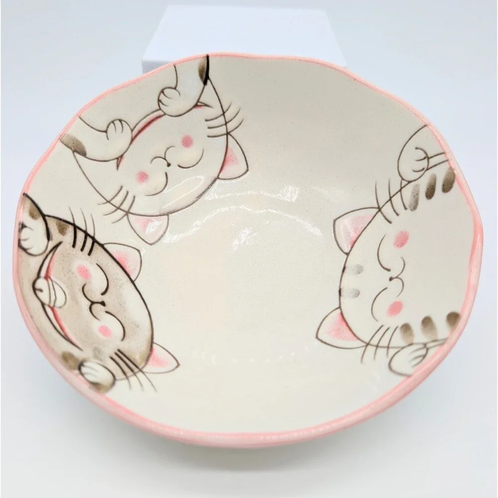 Maneki Neko Art Pottery Cat Bowl Pink Cereal Oatmeal Rice Smiling Cats 5.5